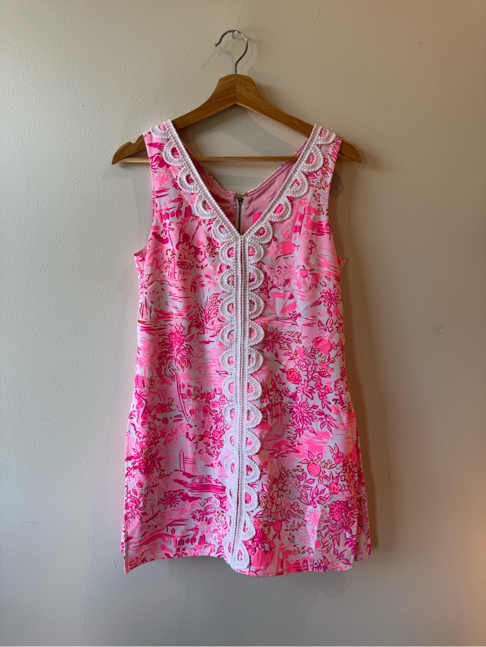 Lilly Pulitzer Pink Floral Shift Dress with White Lace Trim